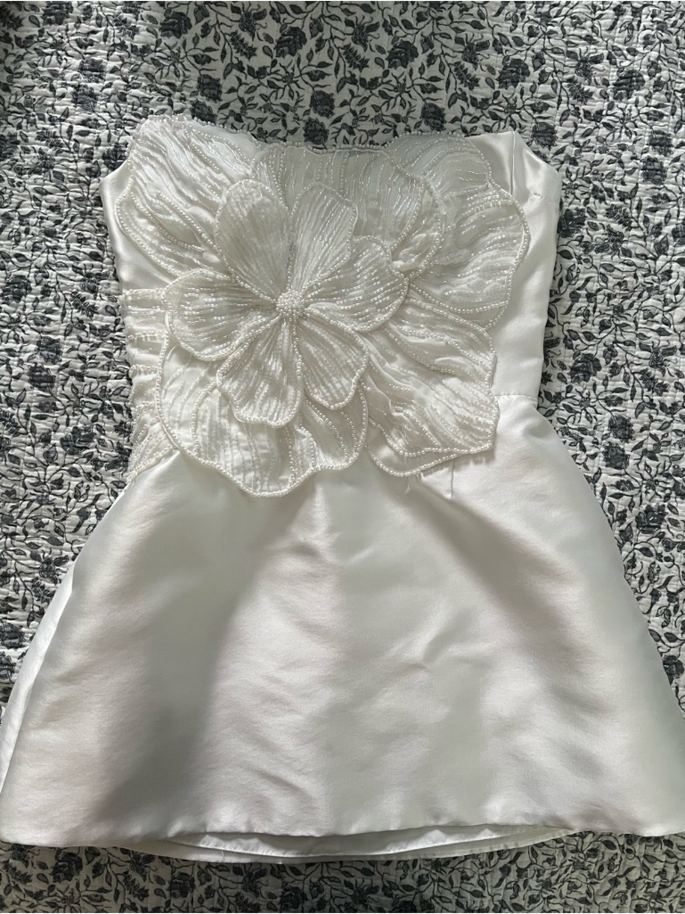 Watters White Strapless Mini Dress with Floral Beaded Bodice